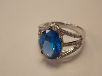 Sterling Silver Blue & Clear Crystal Ring - Size 8.5