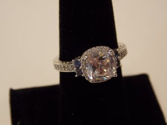 Blue & Clear Stones/Crystal Sterling Silver Ring - Size 8