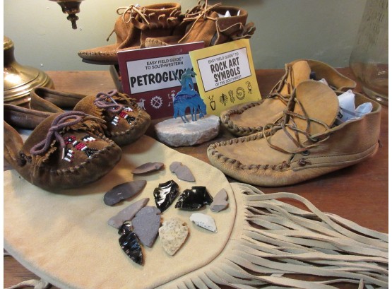 South Western Lot Moccasins, Arrowhead, Native American Figure, Leather Bag