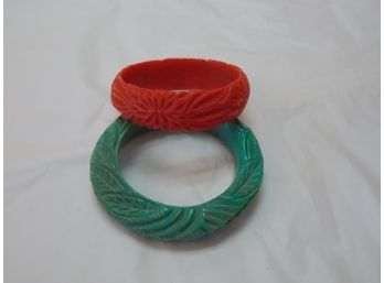 Red & Green Chunky Carved Bracelets - Bakelite??? - SHIPPING AVAILABLE