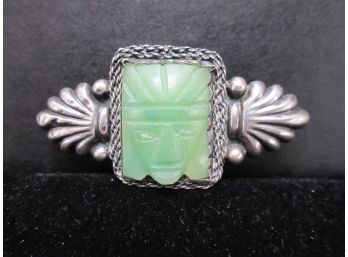 Sterling And Carved Jade Aztec Broach - SHIPPING AVAILABLE