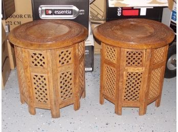 Carved Wood Side Tables W/ Brass Inlay