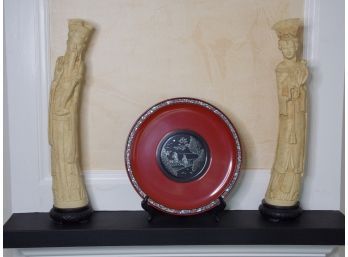Simulated Ivory Asian Figurines AND Asian Lacquered Plate W/ Stand