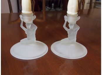 Lalique-Style Crystal Woman Candlesticks