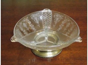 Sterling Silver Footed Etched Glass Divided Bowl