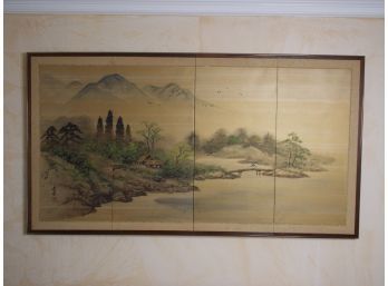 Asian Silk 4-Panel Painting - Signed