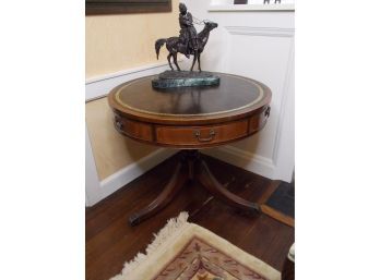 Vintage Leather-Top Wood Table W/ 2 Drawers