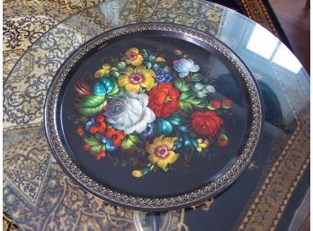 Russian Hand-Painted & Signed Floral Metal Tray