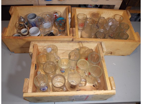 3 Wood Crates Of Bar And Collectible Glasses