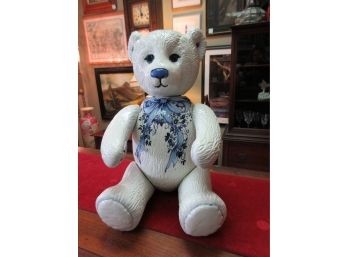 Signed Painted Porcelain Jointed Blue And White Bear