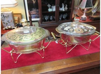 2 Mid Century Vintage FireKing Casseroles With Warming Stand