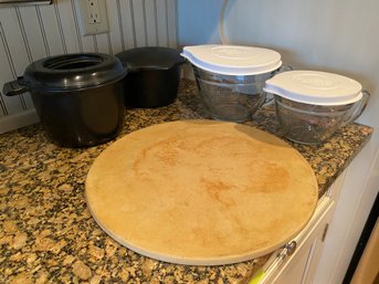 183 Pampered Chef Lot - Pizza Stone, 2 Covered Jugs, 2 Plastic Containers