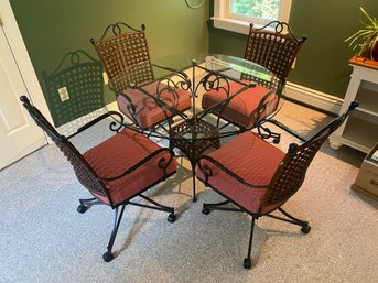 001 Iron, Glass And Wicker Table With Chairs On Casters