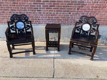Early 20th Century Chinese Hardwood And Marble Chairs And Table