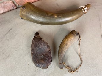 077 2 Powder Horns And Leather Flask
