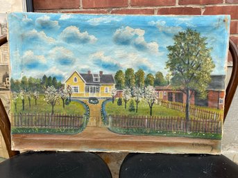 Gorgeous Antique Folk Art Painting Of A Yellow House