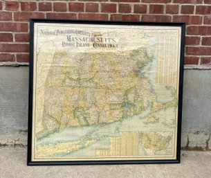 Large Antique 1902 Railroad Map Of MA, CT & RI By The National Publishing Company