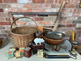 107 Lot Of Antiques, Baskets, Spices, Saw, Cow/pig/chicken Is Resin