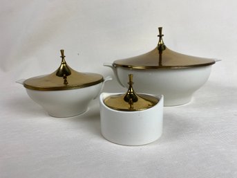 Wonderful Mid 20th Century Ceramic And Brass Lidded Bowl Set