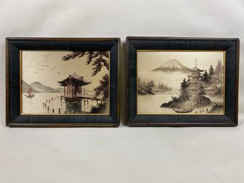 Pair Of Japanese Needlework Framed Wall Hangings