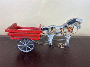 147 Antique Henlith Litho Wooden Mechanical Horse And Wagon 13 Inches Long