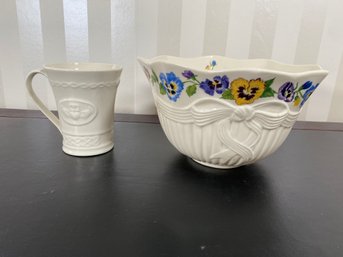 Belleek Mug And Pansy Bowl