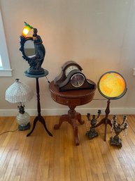 Dealer Lot 1 - Lamps, Globe, Plant Stand, Table, Clocks