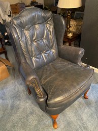 Vintage Blue Leather Wing Back Chair