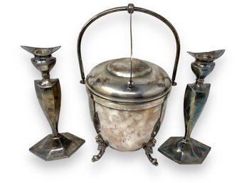 Silveplate Lot (Ice Bucket And Candlesticks)