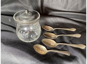 Sterling Silver Spoons And Jar With Sterling Top