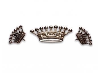Vintage Sterling Silver Crown Brooch And Screw-back Earrings