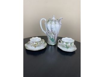 Antique Chocolate Pot With His And Hers Cups