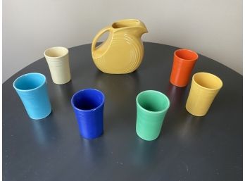 Vintage Fiesta Disc Pitcher And Six Juice Glasses