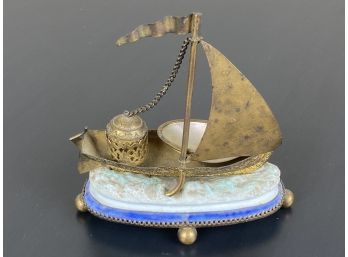 Antique Porcelain Brass And Shell Nef