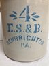 1800s E.S. & B, New Brighton, PA. 4 Gallon, Cobalt, Stenciled, Salt Glazed Stoneware Crock