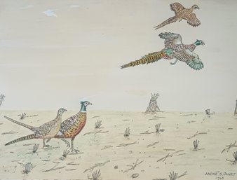Mix-Media Painting Of Pheasants 1963 Signed Andre Janet
