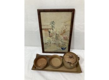 Vintage Japanese Pottery & Geisha Women Watercolor Painting