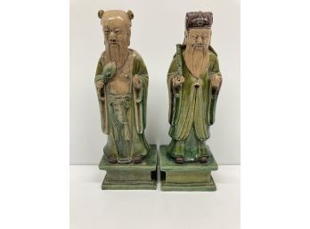 Vintage Chinese Green Glazed Pottery Statues