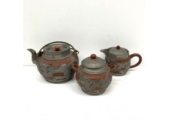 Antique Chinese Hsin Ho Cheng Terracotta & Pewter Tea Set