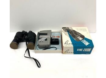 Vintage Luminous Binoculars & Revere Cine-Zoom Movie Camera