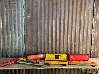 Variety Of Train Cars, Boxcars, Flat Cars With Bulldozers, & More, QTY 7