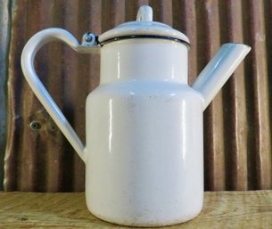 Vintage Enamelware Teapot, White With Blue Trim, 8'