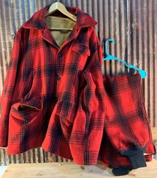 1940's-50's Heavy Red Plaid Wool Hunting Outfit, Coat & Pants, Union Made