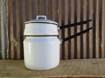 Vintage Enamelware Double Boiler Pans, White With Black Trim, Dual Pot