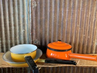 Vintage Enamelware Skillet & Pots, Yellow & Orange