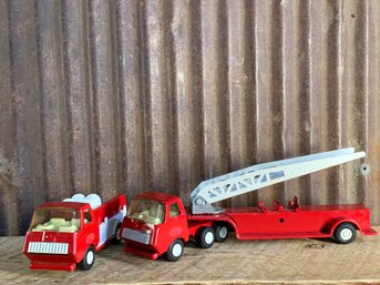 Vintage Mini Tonka, Pumper Fire Truck & Semi-Tractor Trailer Ladder Truck, Pressed Steel
