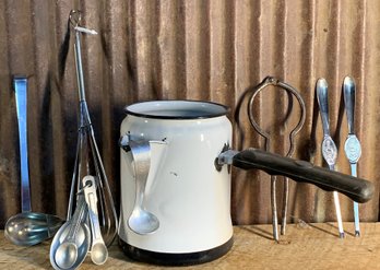 Vintage Kitchen Utensils & Enamelware Pot, QTY 8