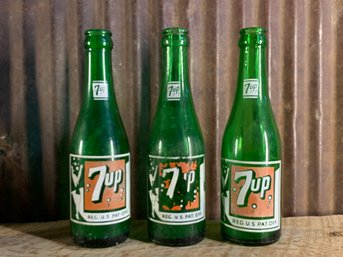 Vintage Glass 7-Up Soda Bottles, QTY 3