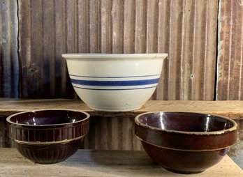 Vintage Stoneware Bowls, Two Brown Glazed Bowls & One Beige & Blue