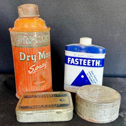 Vintage 1940s/1950s Tins, Stanley Dry Mop, Fasteeth, Hexylresorcinol, & Extra Triple (4)